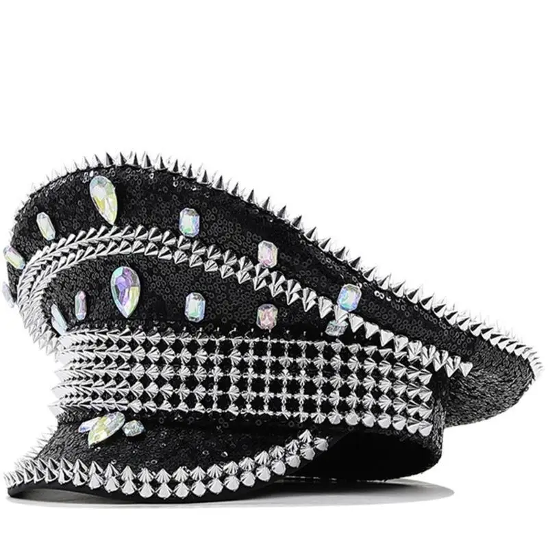 39BD Sequins Captain Hat Crystal Cosplay Hat Sailor Hat Versatile for Photography
