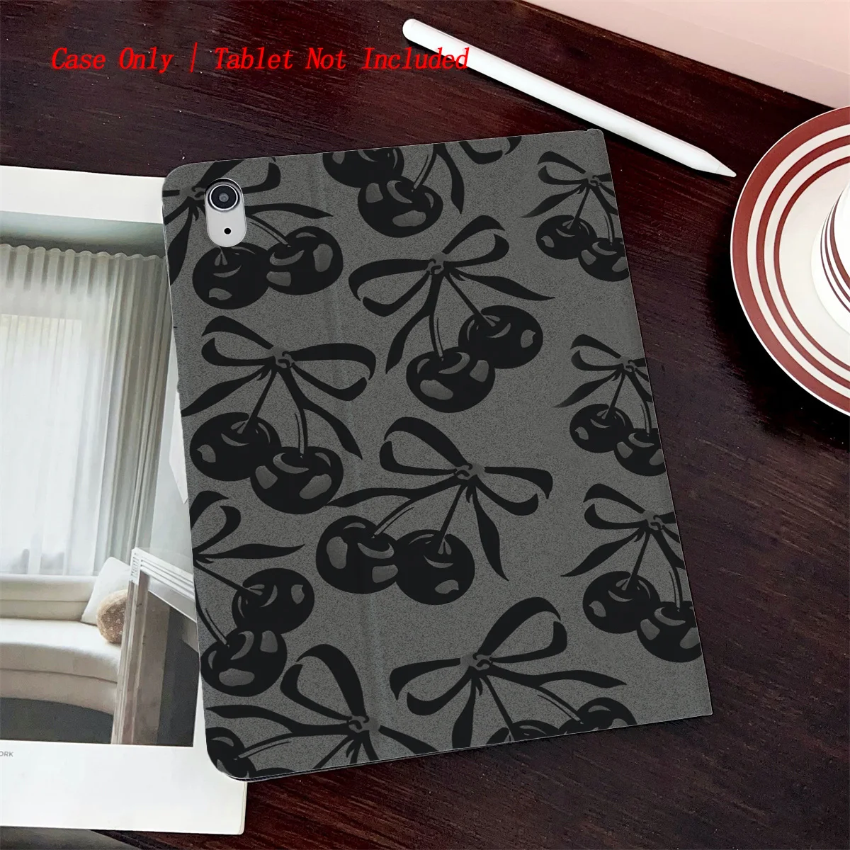 

2025 Trendy Gray Base & Black Cherry Pattern iPad Cover For Apple iPad 10th Gen Pro 11 Air 4 Mini 6 Protective Case