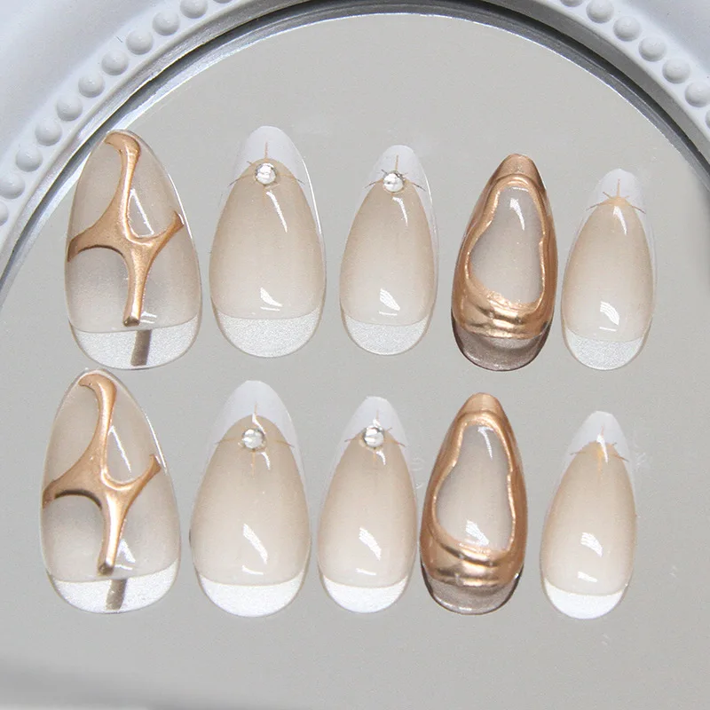 Stiletto Fake Nails For Women Gold Color Irregular Crystal Designs Press on Nails Wearable Full Cover False Nails for Party