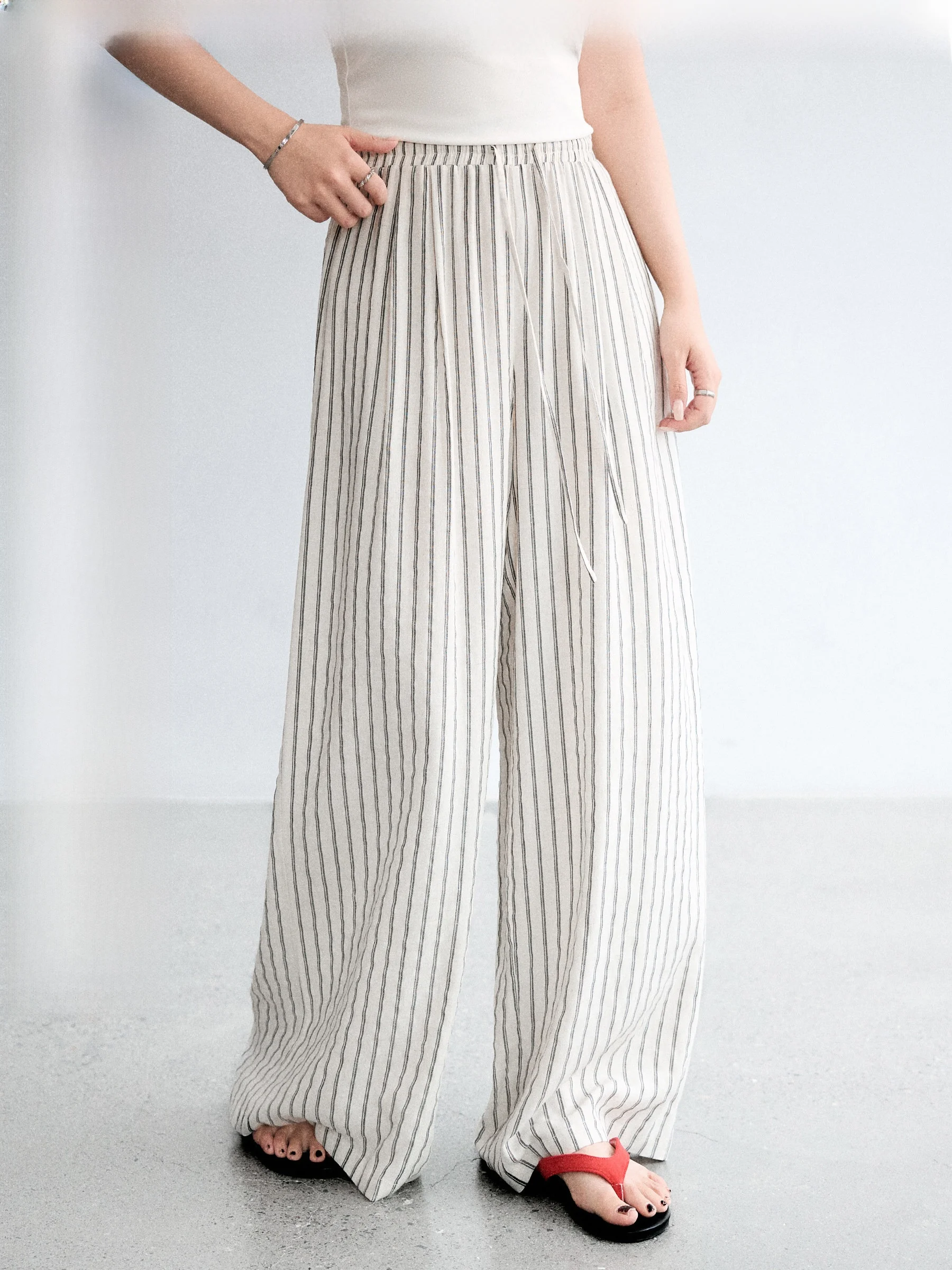

JULULOOK Studio "Sunset Avenue" plus Size Casual Pants Drapey Cotton Linen Stripe Drawstring Wide Leg Trousers for Ladies