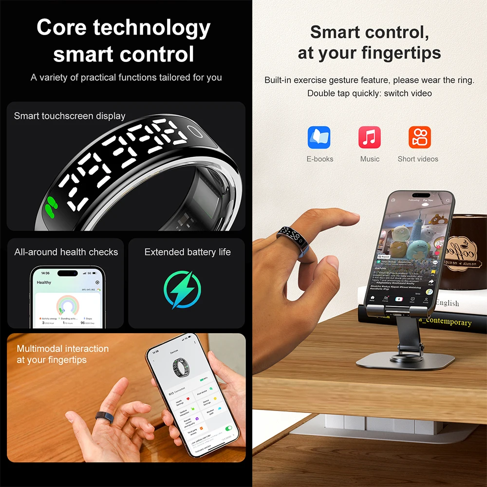 R13 ผู้ชายผู้หญิงสมาร์ทแหวนหน้าจอสแตนเลส 5ATM กันน้ําฟิตเนสแหวน Heart Rate เลือดออกซิเจน Sleep Monitor