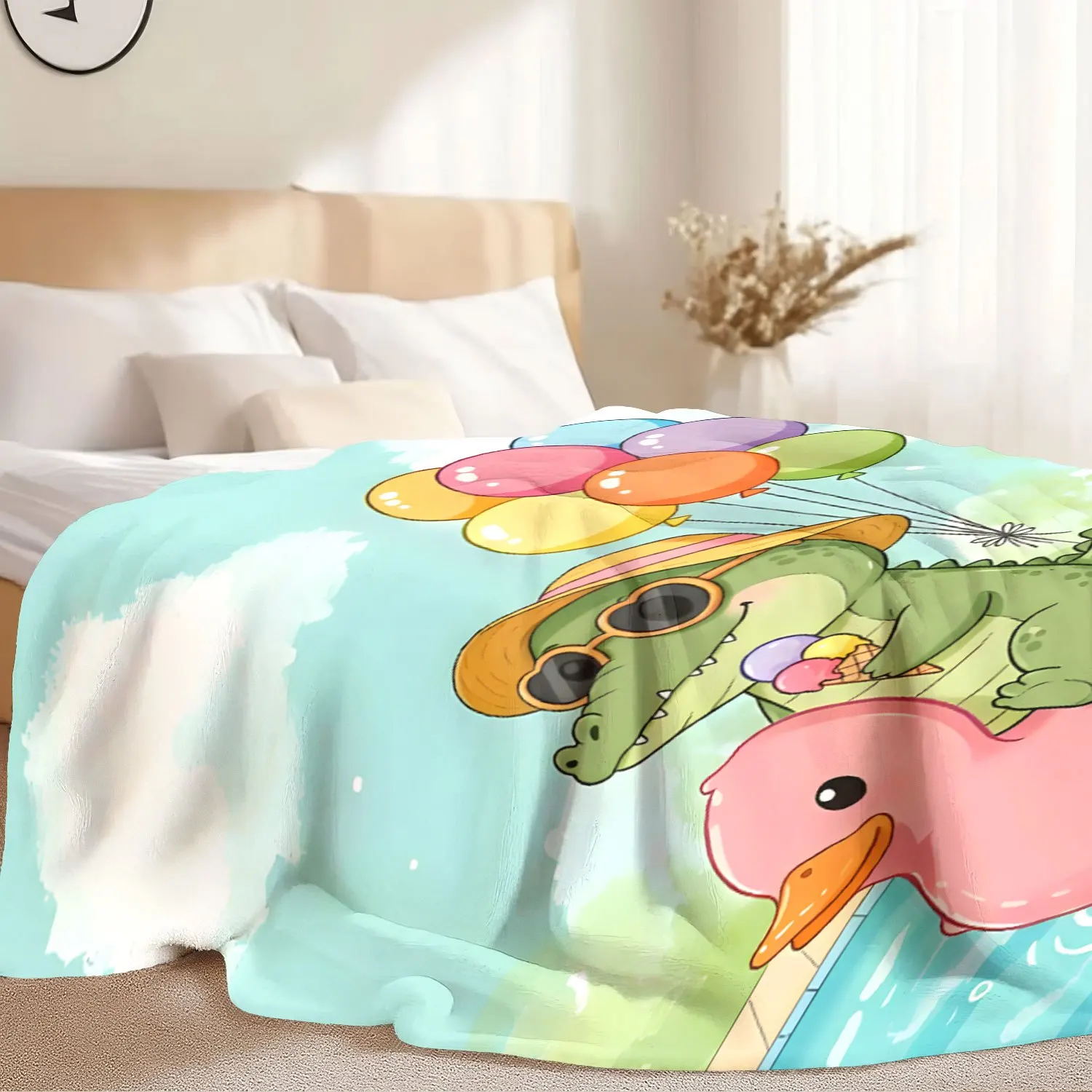 Cartoon Crocodile Pool Flannel Blanket, Kawaii Gator Rubber Duck Float Pattern Lightweight Throw Blanket for Bed Couch Home Use