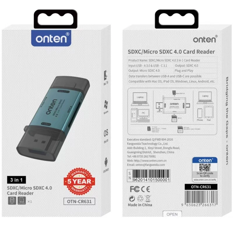 ONTEN Original OTN-CR631 USB-A USB-C TO 2in2 SDXC TF 4.0 Card Reader Compatible with SD/SDHC/SDXCmicro SD(TF) /micro  SDXC