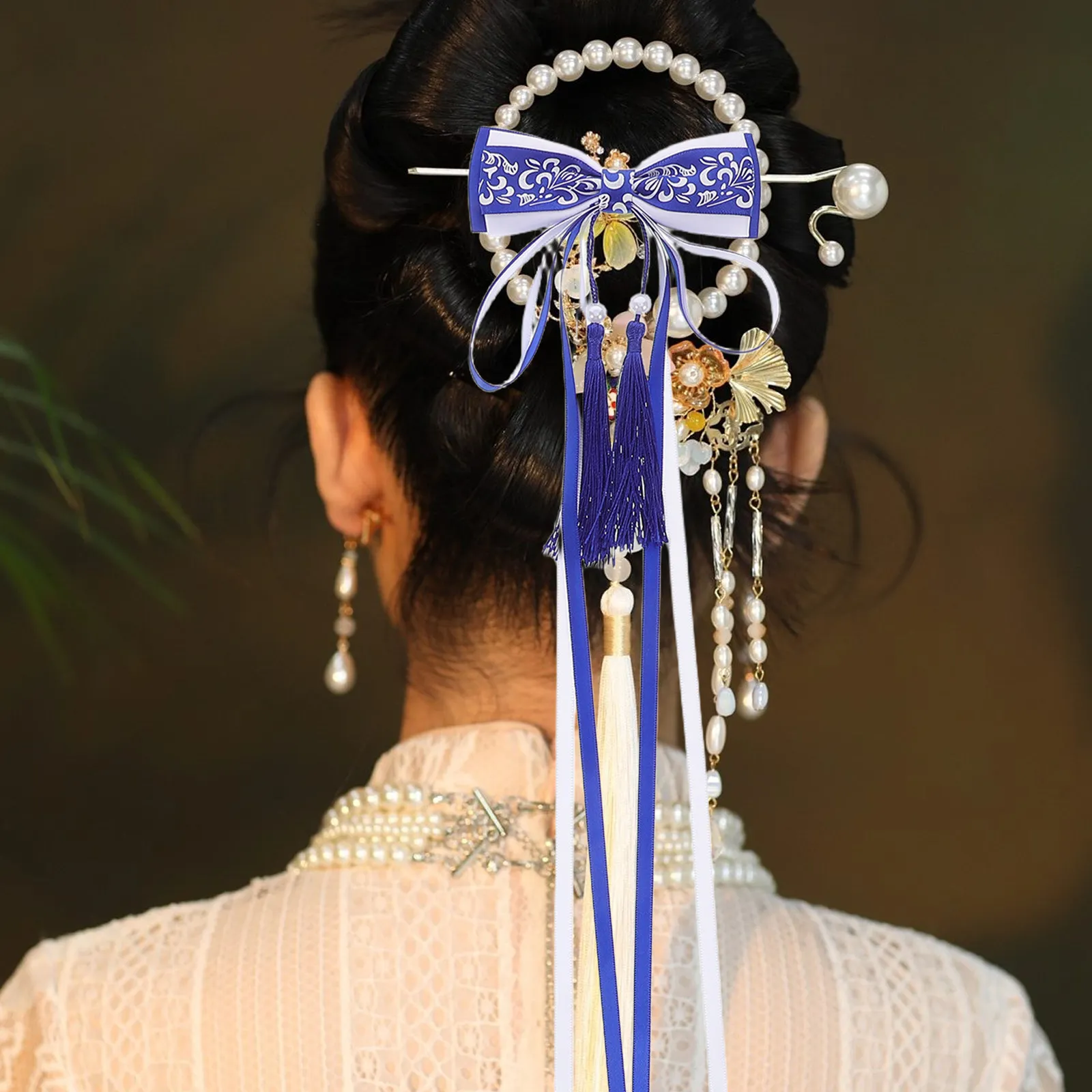 2Pcs Elegant Blue Bow Hairpins Chinese Style Tassel Ribbon Barrettes for Women Traditional Hanfu Celebration Graceful Clip