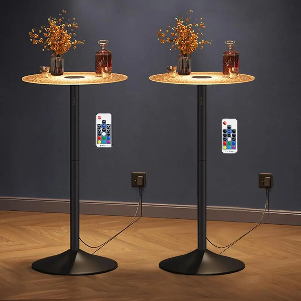 

Set of 2 Round Cocktail Tables with Multi-Colored Lights and Glass Tops, Large Steel Base, 41.3 Inches Tall Pub Tables for Kitch