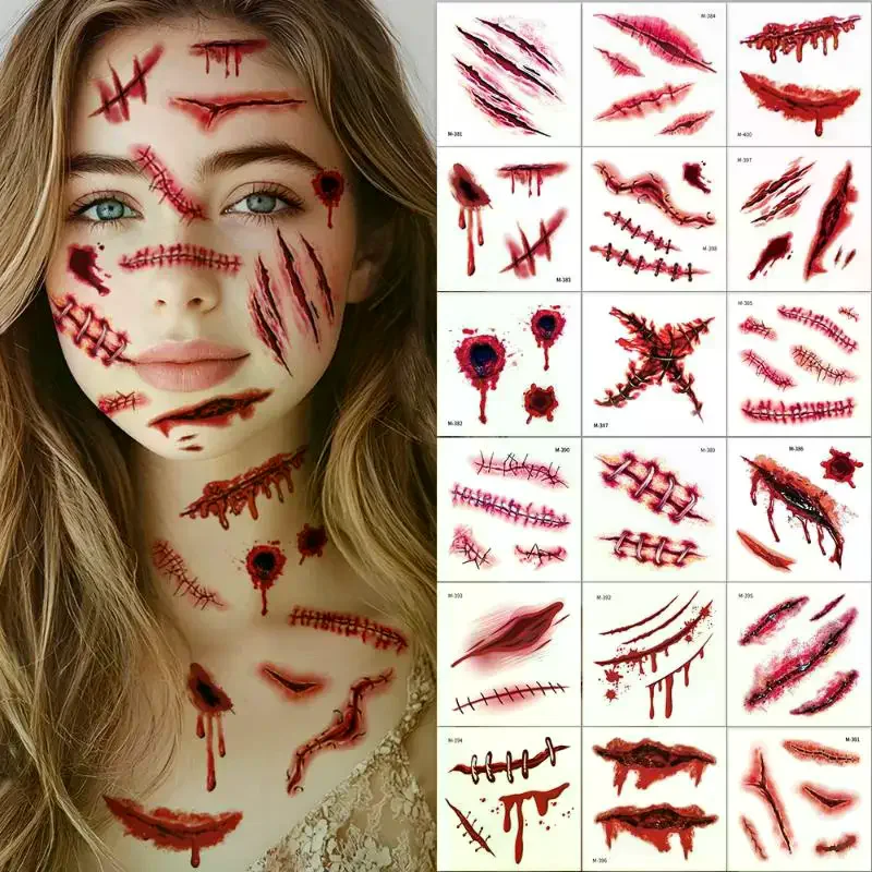 20 Sheets 3D Realistic Scar Tattoos - Waterproof Fake Bloody Wound Stickers For Halloween Cosplay Face & Body Makeup Adults​​