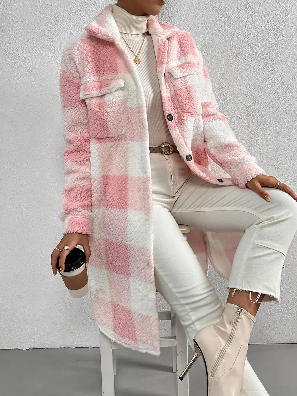 Fall/Winter Button-Open Collar Flared Fur Plaid Coat - Loose-Fitting Elegant Business Length Coat