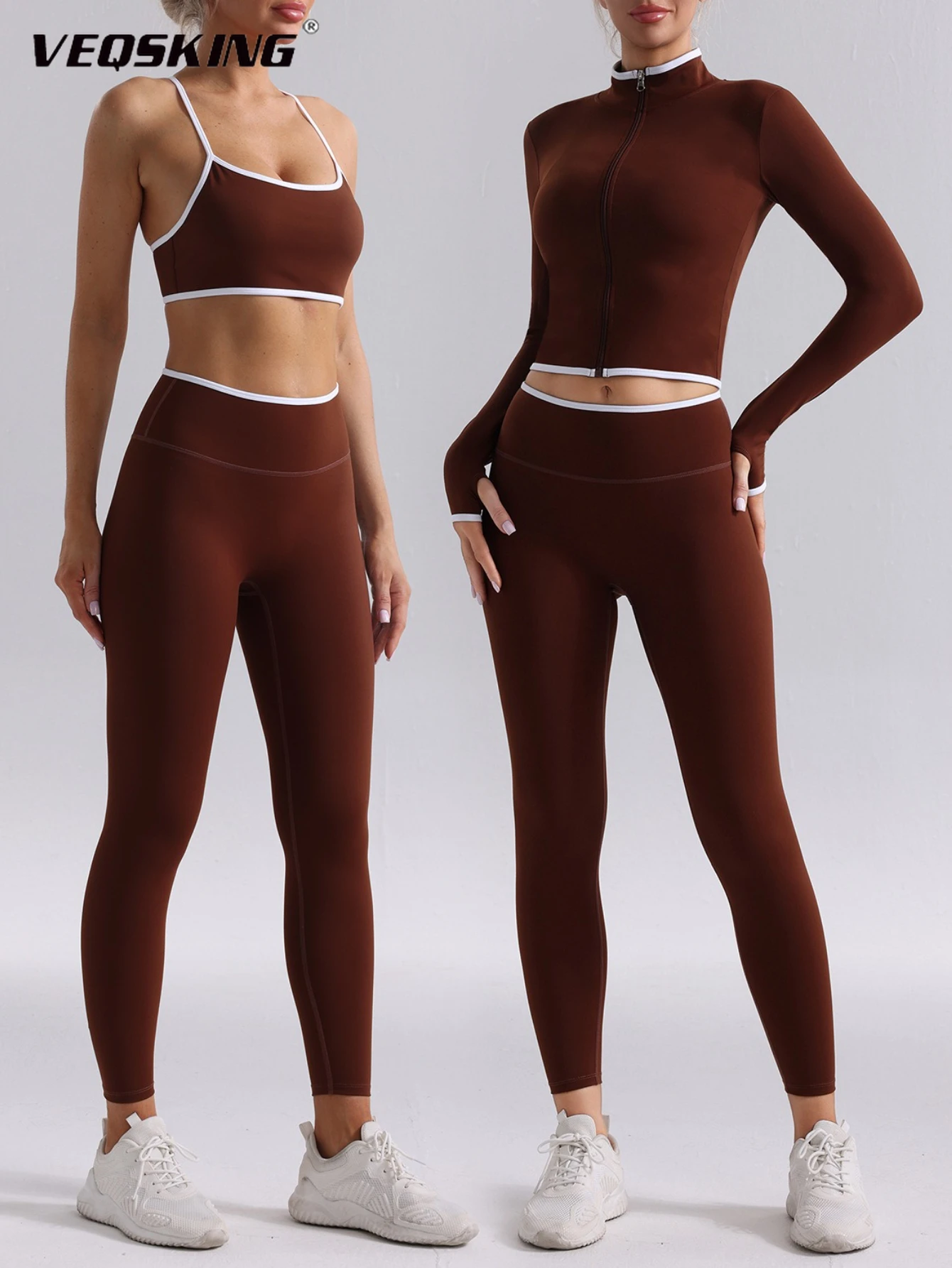 

VEQSKING женский спортивный костюм контрастного цвета, воротник-стойка на молнии с длинными рукавами, спортивный костюм для бега, фитнеса, йоги