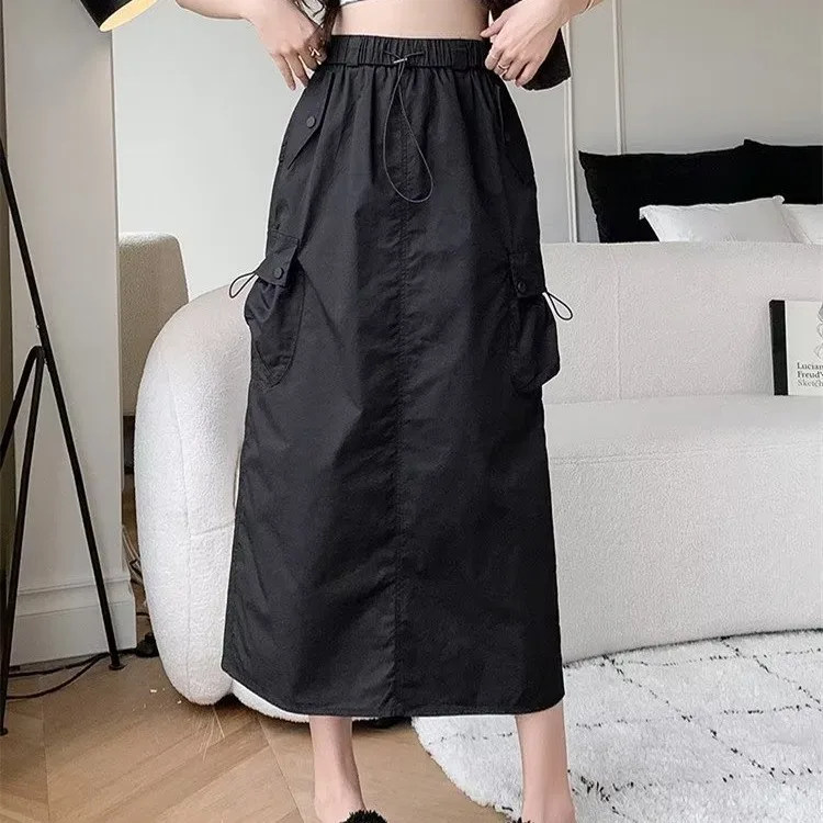 Women's Black Cargo Midi Skirt, Elastic Waist Drawstring A-Line Skirt with Multi Pockets, Casual Quick-Dry Utility Skirt