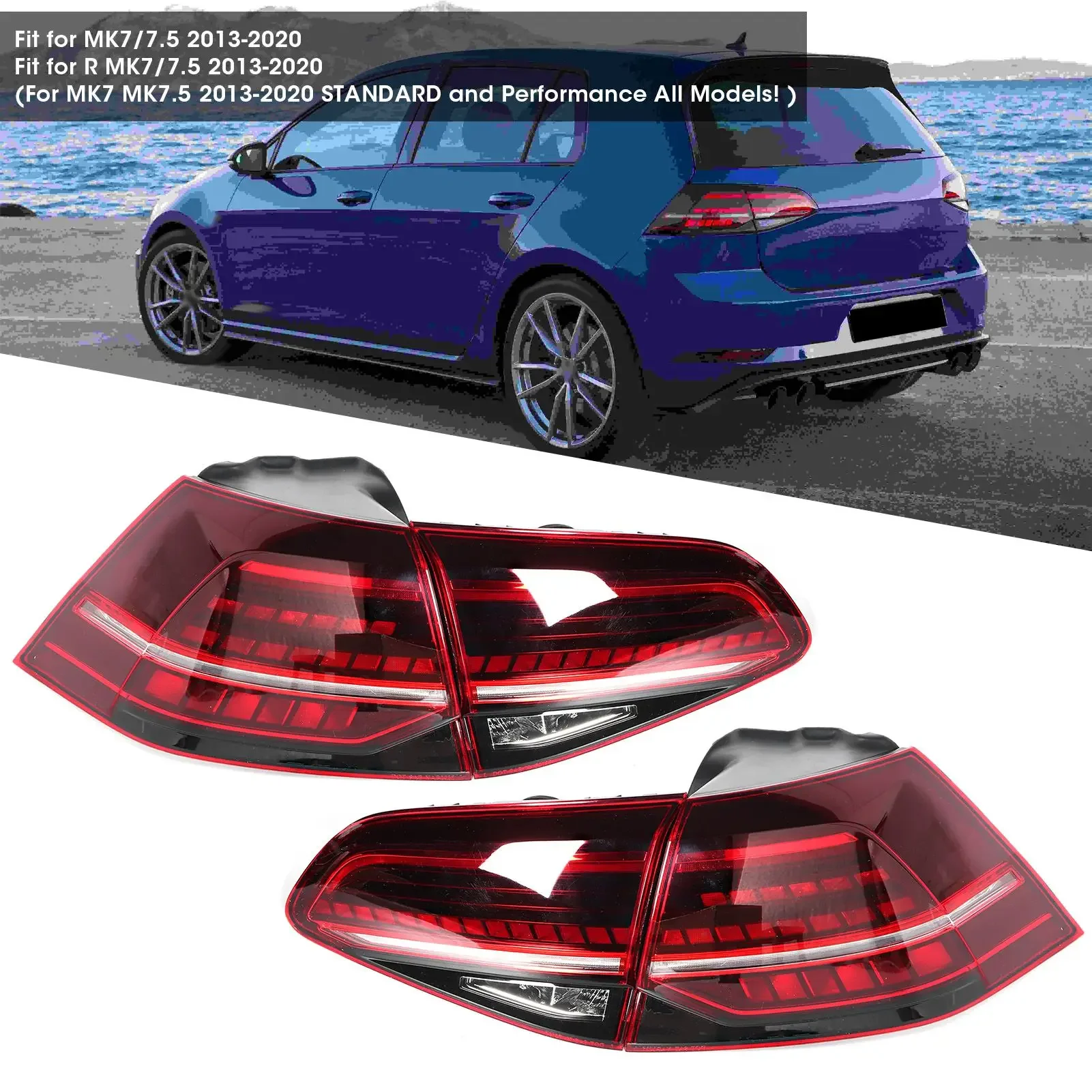 For VW Golf MK7/7.5 R 2013 2014 2015 2016 2017-2020 R‑Look 1 Pair LED Dynamic Rear Tail Light Lamp Dark Red Lens