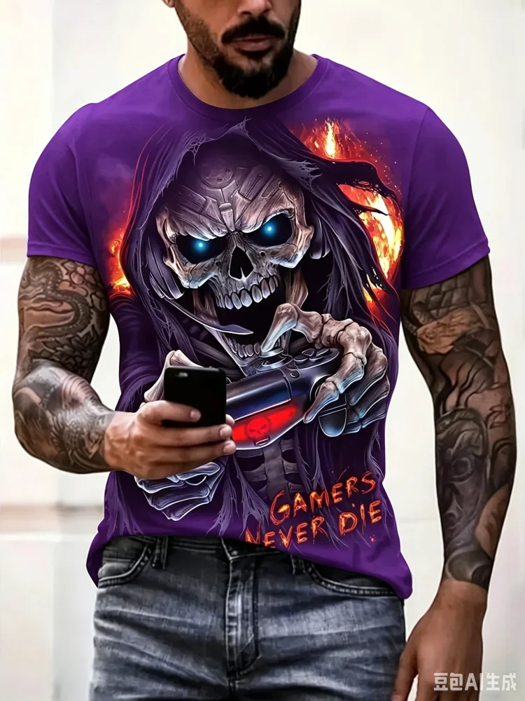 Gamers Never Die Grim Reaper Skull Controller Print Men's T-shirt Gaming Gothic Casual Tee Trend Street Hip-hop Man Clothes