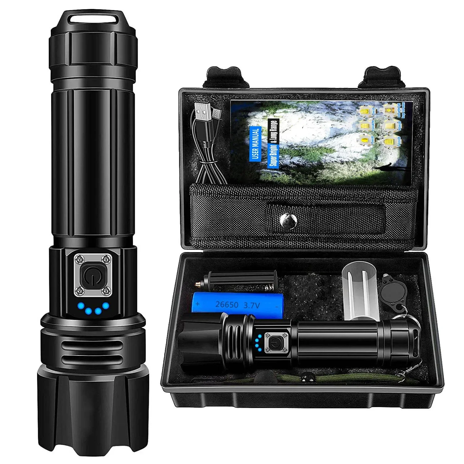 Wiederaufladbare LED-Taschenlampe 950000 Lumen XHP70.2, Superhelle Taschenlampe, Leistungsstarke Handtaschenlampe IP67 Wasserdicht