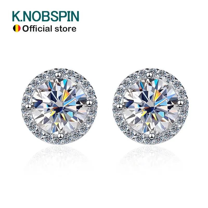 KNOBSPIN עגיל Moissanite בצבע D 1 קראט לתכשיטי חתונה משובחים לנשים עם עגיל זהב לבן 18 קראט מצופה כסוף GRA 925 סטרלינג GRA