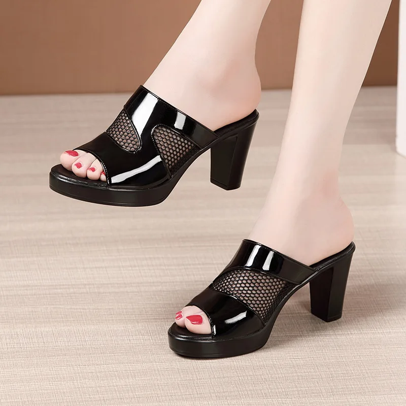 Slipper Female Block Heel Platform Slippers Slides Women 2022 New High Heels Ladies Office Fashion Women\'s Summer Shoes Sandals