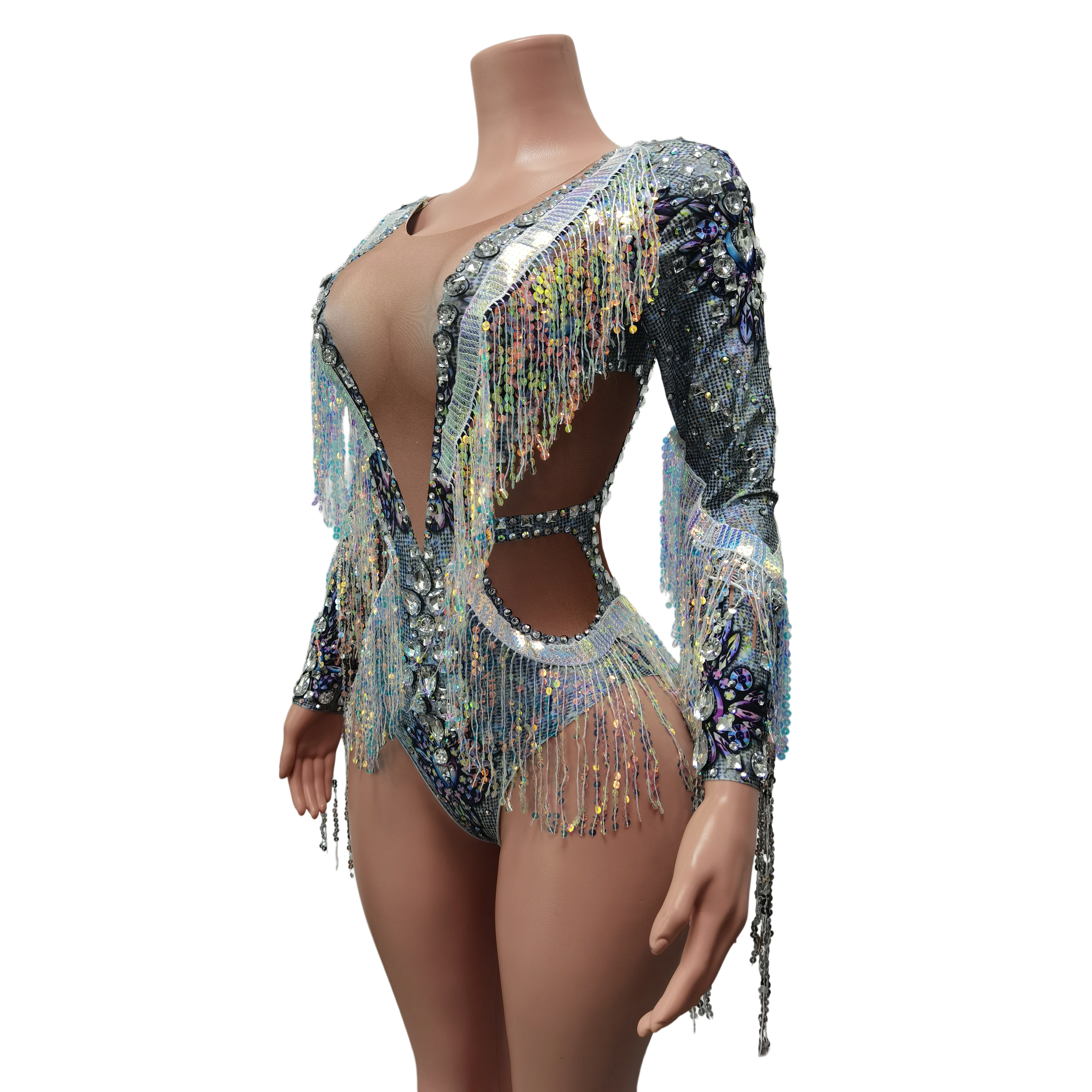 

Shining Diamond Sequins Tassel Skinny Bodysuit for Women Nightclub Party Jumpsuit Singer Costume Evening Prom Outfit Qiaqia