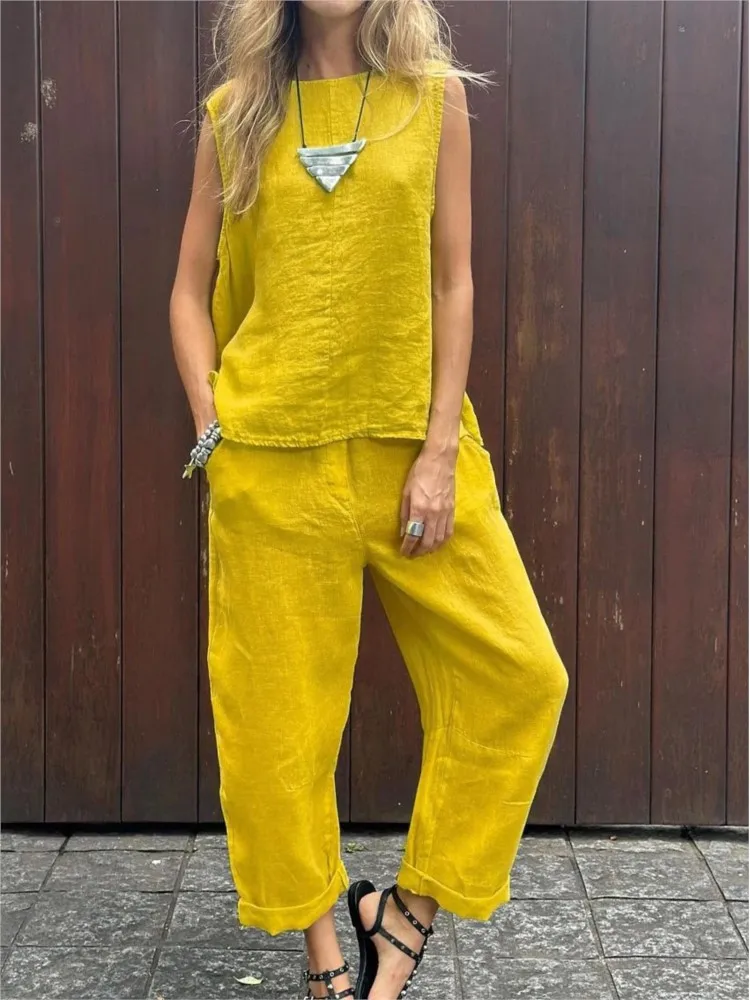 Casual Sleeveless Tshirt Pants Set Office Lady Spring Summer Fashion Solid O-neck Tops Pants Two Piece Set Women 2024 Outfit