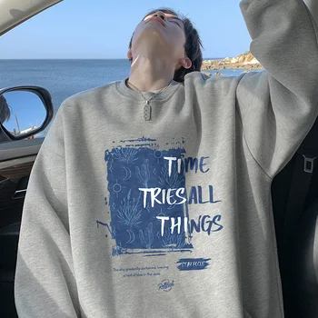 2024 새로운 스타일 미국 남성 운동복 봄과 가을에 대한 편지 인쇄와 느슨한 맞는 라운드 넥 코튼 폴리 에스터 혼합 풀오버 셔츠