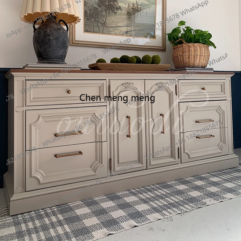 

American retro white cream style solid wood dining side cabinet living room French entrance storage cabinet bedroom locker