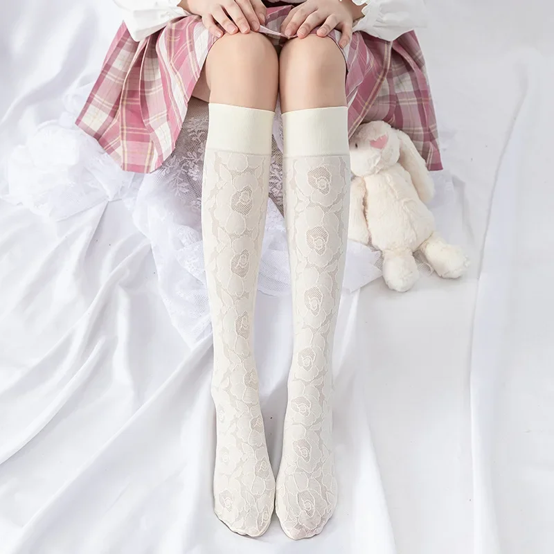 

Lolita French Retro Embroidery Dark Fringe Lace Rose Flower Socks Loli Stocking Fresh Spring Autumn JK Knee Highs