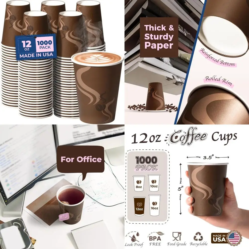 

Disposable 12 oz Paper Coffee Cups, Leak-Proof Brown Kraft Cups for Hot/Cold Drinks, Ideal for Home and Office Use, 1000 Pack