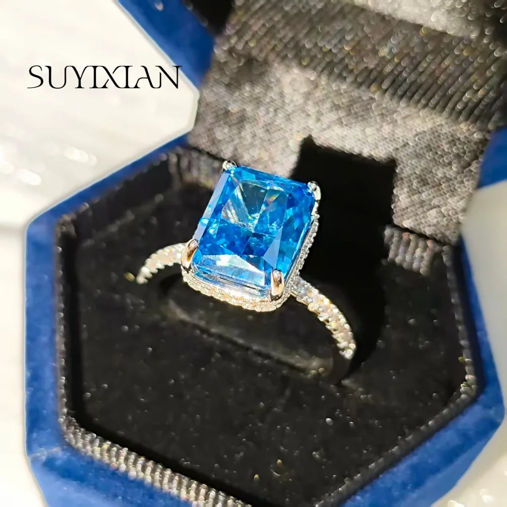 925 Sterling Silber Stilvoller Einfacher Rechteckiger Farbiger Zirkon Eisblumen-Schliff Ring Geburtstags-Party Jubiläumsgeschenk – Detail 4
