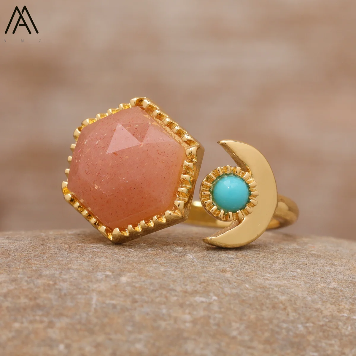 

Luxury Women Moon Stone Beads Finger Rings Women Cocktail Adjustable Ring Designer 2 Stones Ring Semiprecious Stone Jewelry Gift