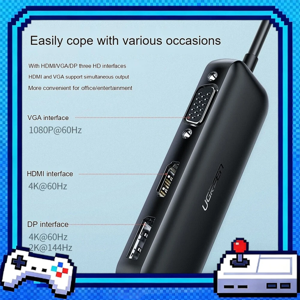 UGREEN CM260 USB C Hub Type-C to HDMI VGA DisplayPort Adapter 3-in-1 Multiport Video Converter for Laptop Monitor Projector