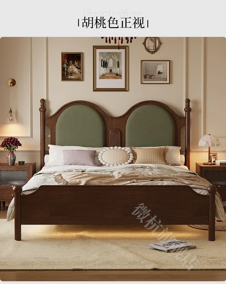 N42 American Style Solid Wood Bed 1.8 M Soft Bag Comfortable  Double Cushion Bed  Retro Fabric Double Marriage Bed