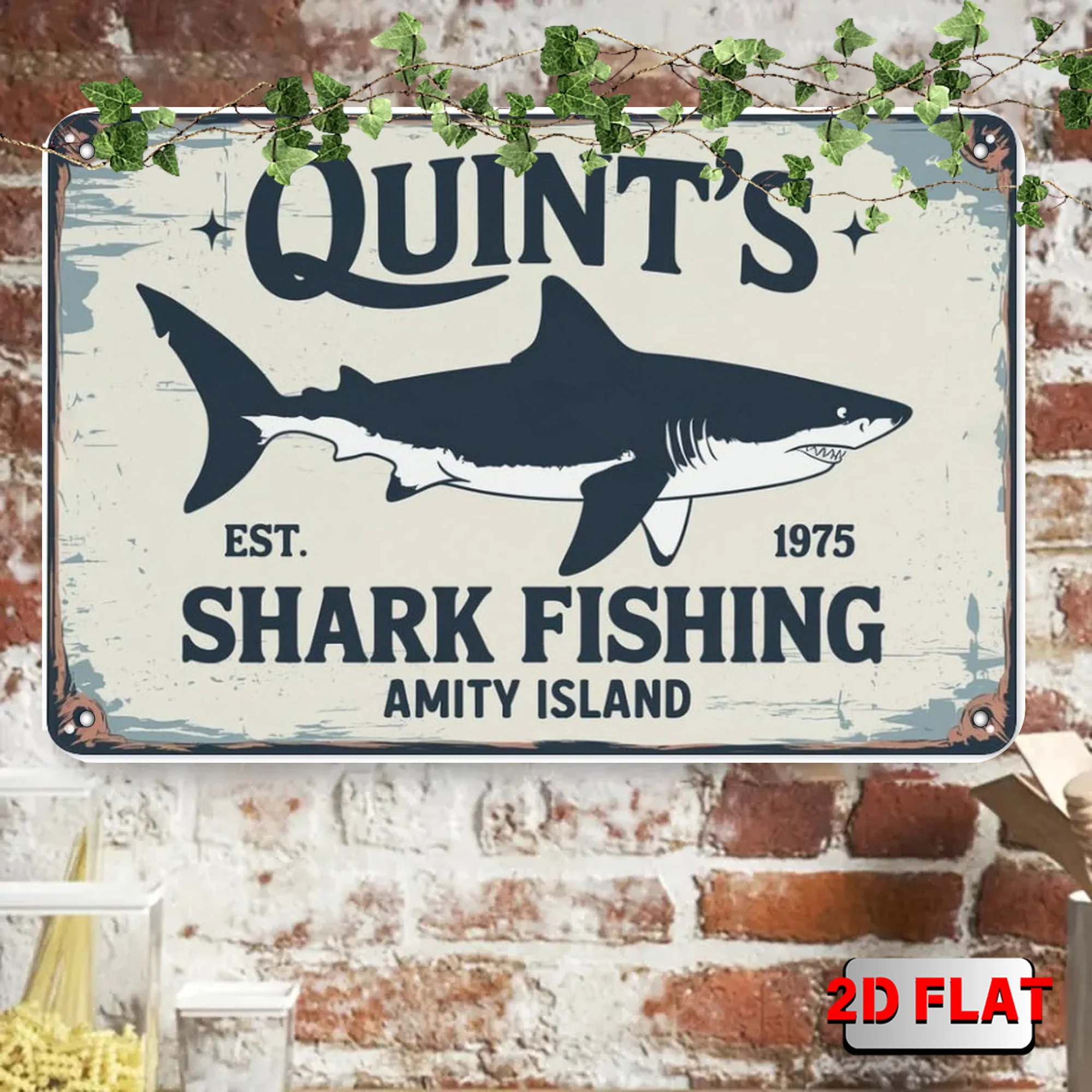 2D Flat Featuring Quint'S Shark Fishing Amity Island Sign. Ideal Themed Decor Plaques for Shops, Bars, And Restaurant Interiors