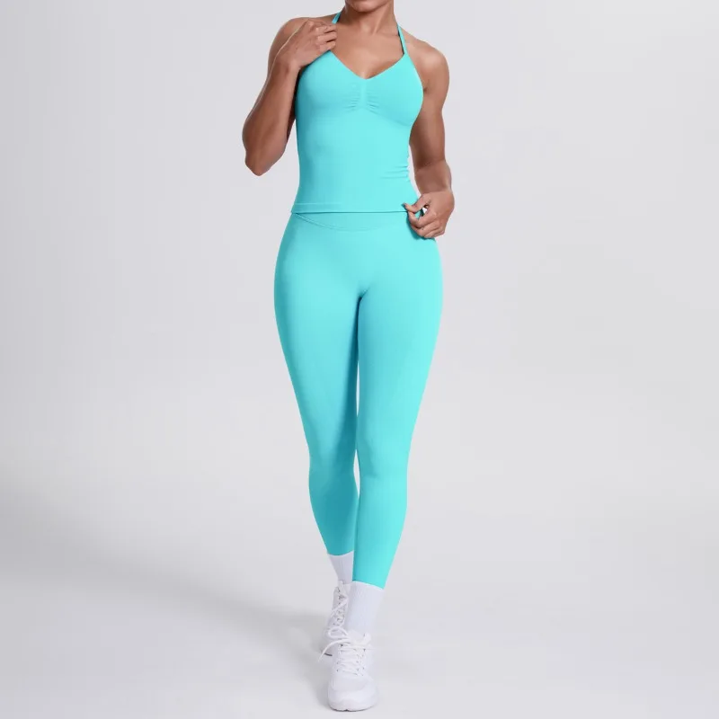 

Women's Seamless Neck Hanging Yoga Set Tight and Beautiful Back High Waist and Hip Lifting Set Outdoor Running and Fitness Set