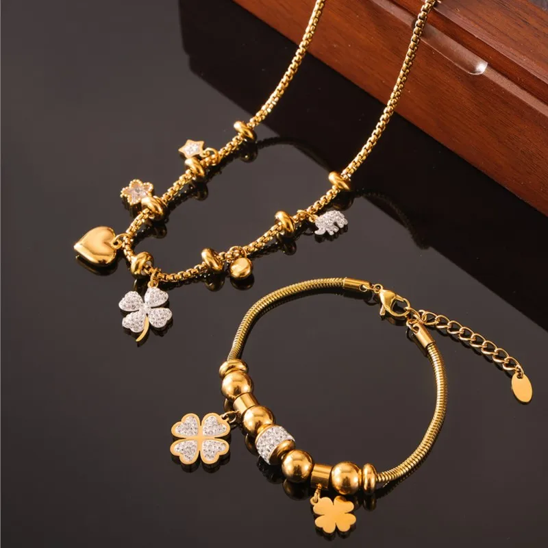 Elegant Women\'s Clover Pendant Necklace Bracelet Gold Color Stainless Steel Neck Chain Necklaces Bracelets Jewelry Set For Women