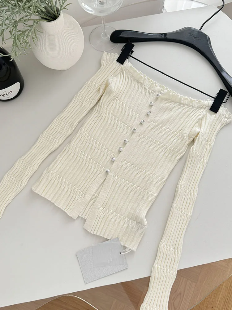 Fashion New Slash Neck Design Slim T-Shirts Women Sweet Sexy Long Sleeve Knit Tops Autumn 2024 High Street Button Tees New Trend