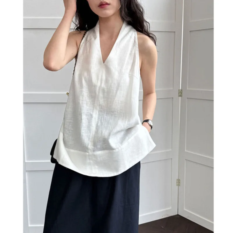 

Women V-neck Halter Tank Tops Summer New Sleeveless Loose 30%Linen,70%Lyocell Basic Tops