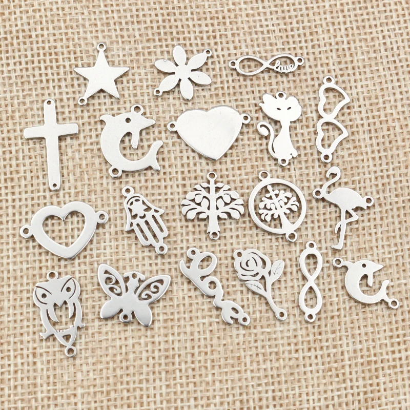 20pcs No Fade 316 Stainless Steel Double Loops Star Tree Heart Cute Charms Pendant DIY Jewelry Findings for Necklace Bracelet