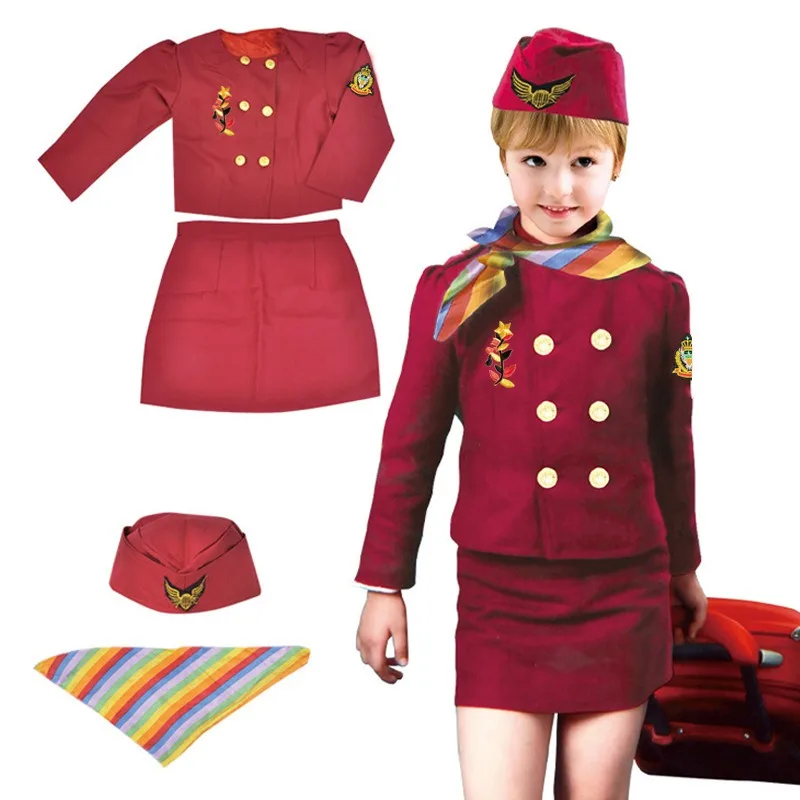 

Girls Career Cosplay Costume Airline Stewardess Uniform Hat Top Skirt Tie Suit for Halloween Carnival Party Performance Roleplay