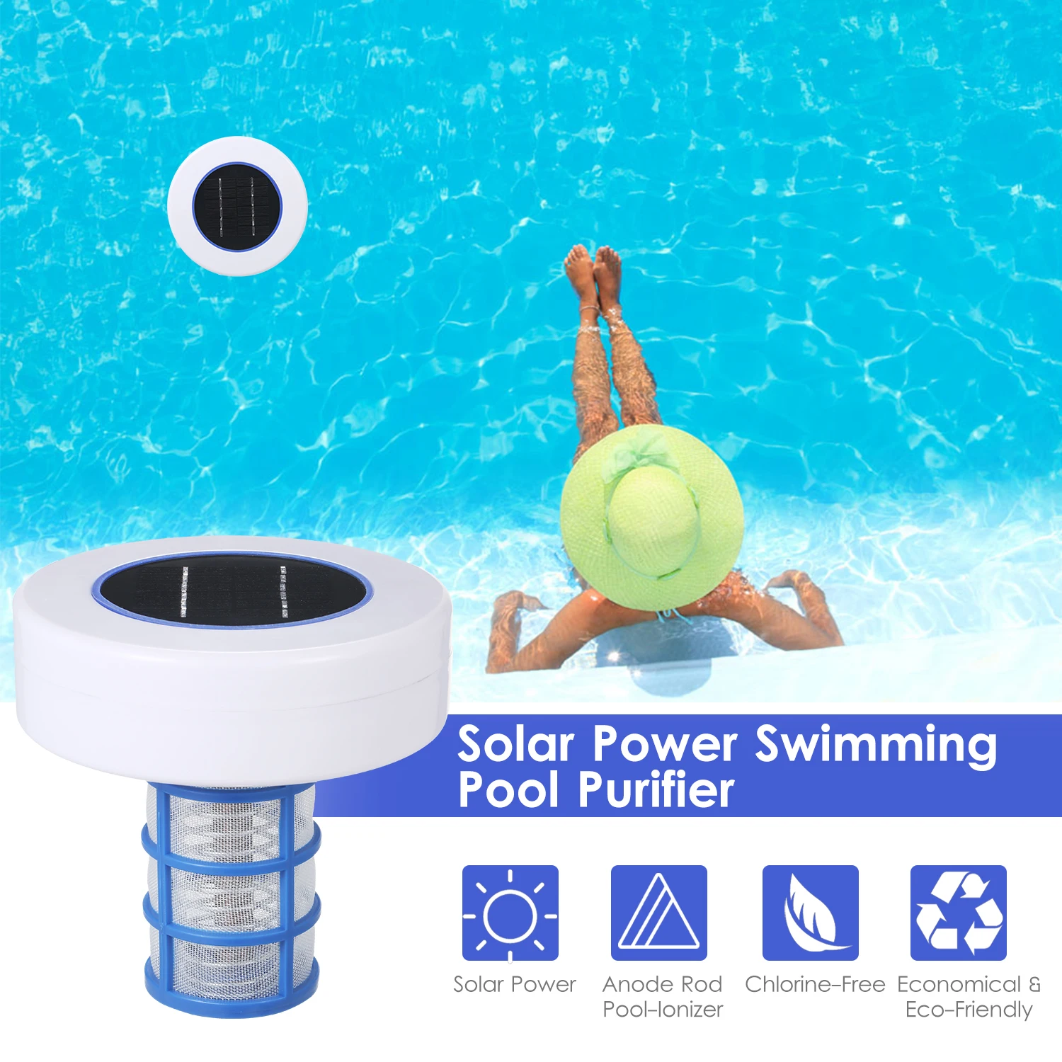 NEUER Solar Power Schwimmbadreiniger Solar Pool-Ionisator Schwimmbad Wasser Algenhemmung Chlorfreier Wasserprozessor