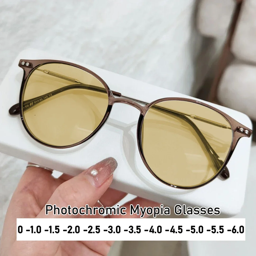 

Unisex Women Men Round Photochromic Myopia Glasses Luxury Color Changing Near Sight Sunglasses Prescription Minus Eyeglasses