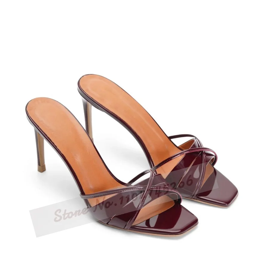 

Burgundy Shiny Mirror Leather Square Toe Mules Stiletto Heels Patent Cross Strappy Modern Slippers Slip-On Summer Sandals