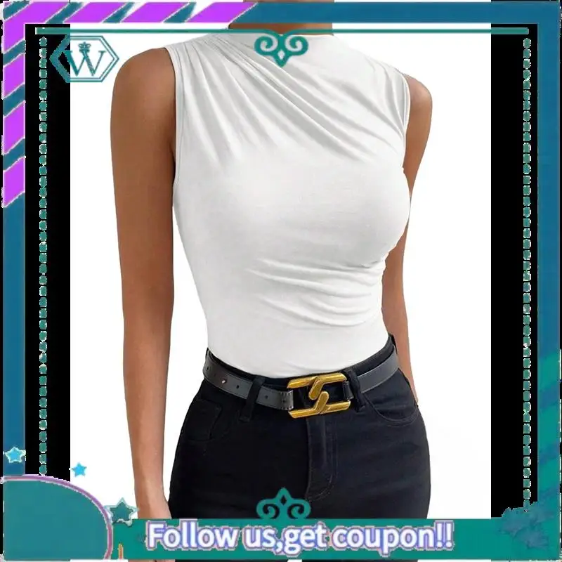 A09P Canottiera da lavoro slim fit senza maniche con scollo a lupetto increspato casual da donna