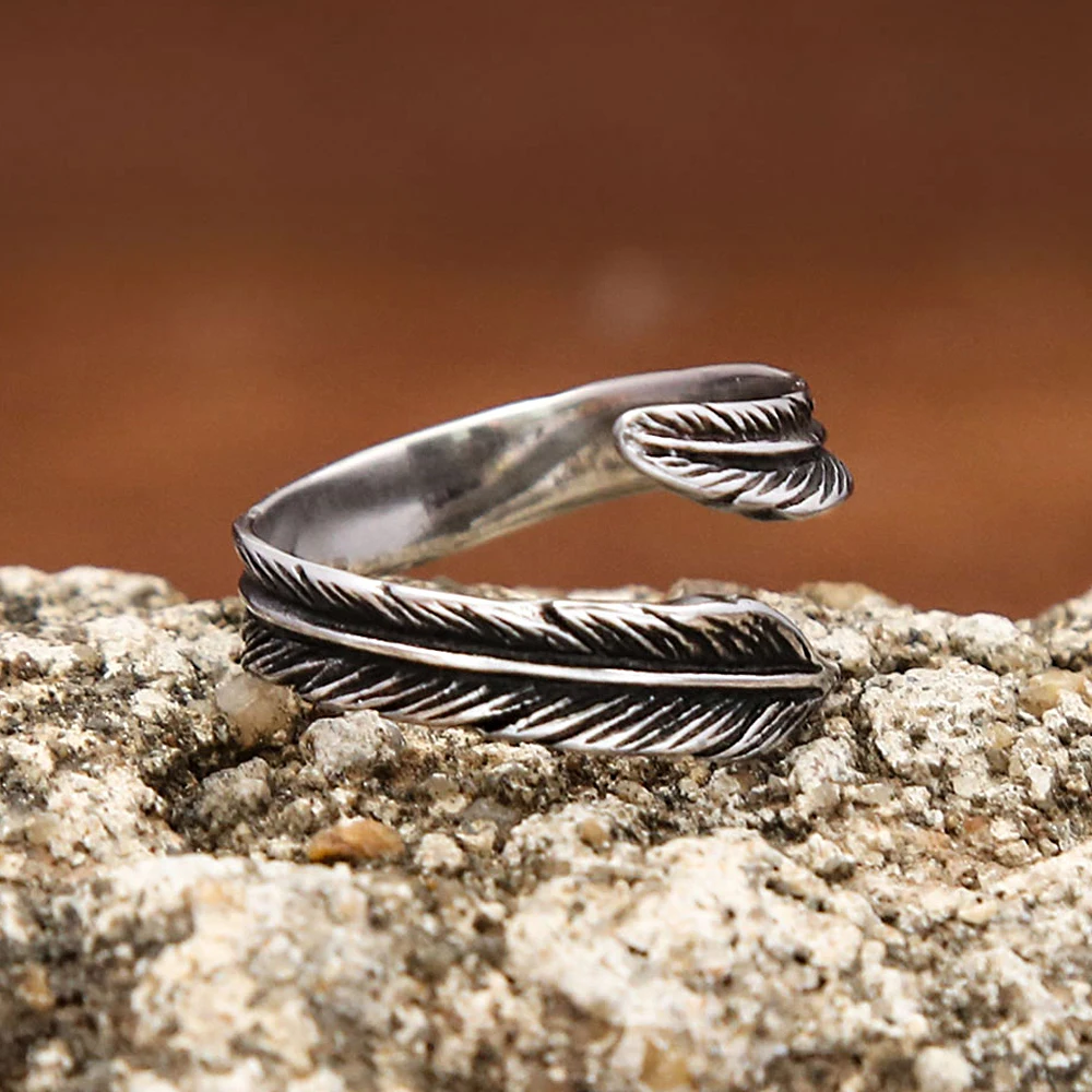 Bohemian Freedom Feather Open End Ring Stainless Steel Vintage Amulet Unisex Street Wear Fashion Finger Jewelry Present