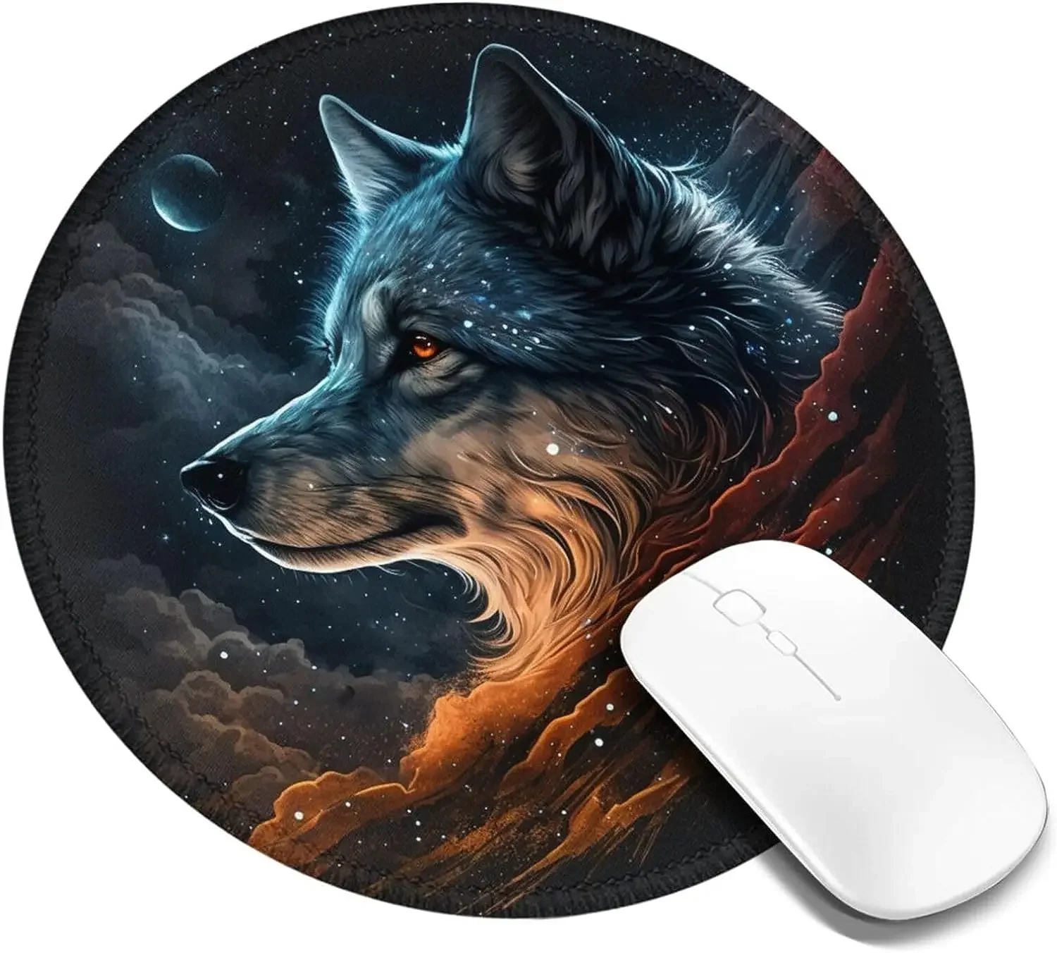 

Коврик для мыши Starry Sky Wolf Universe Art с нескользящей резиновой основой, милый круглый коврик для мыши для ноутбука, компьютера, офиса, 7,8x7,8 дюйма