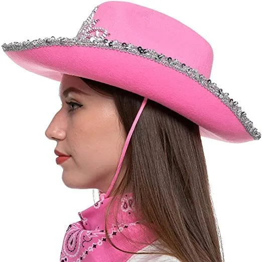 Geagodelia Sombrero de vaquero para mujer, con decoración esponjosa o con purpurina, gorro de vaquera, gorra para mujer, para disfraces, fiestas, Halloween, carnaval, accesorio de disfraz (rosa Geagodelia Sombrero de vaquero para mujer, con decoración esponjosa o con purpurina, gorro de vaquera, gorra para mujer, para disfraces, fiestas, Halloween, carnaval, accesorio de disfraz (rosa