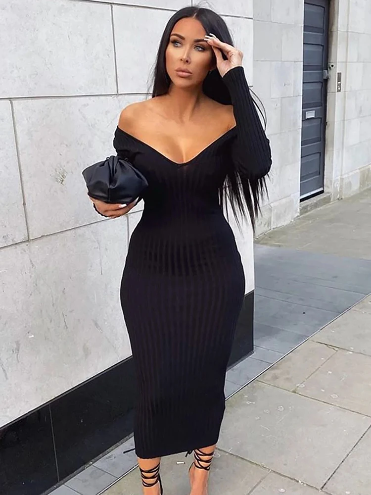 TARUXY 2023 Spring Knitted Dress Women V-Neck Long Sleeve Bodycon Sweater Dresses Basic Elastic Casual Skinny Vestidos Black