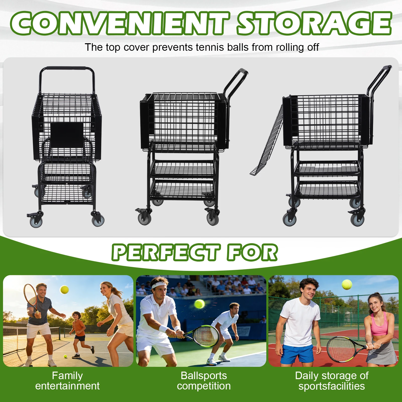 

Portable Tennis Cart with Easy Load Training Ball Pickup Basket Holds 350 Balls for Teaching & Court Use