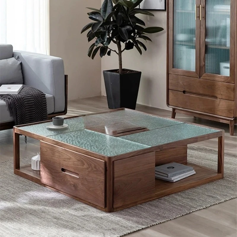 

Кофейный столик из цельного орехового дерева со стеклянной поверхностью, современный минималистичный дизайн, с выдвижными ящиками для хранения, для дома.