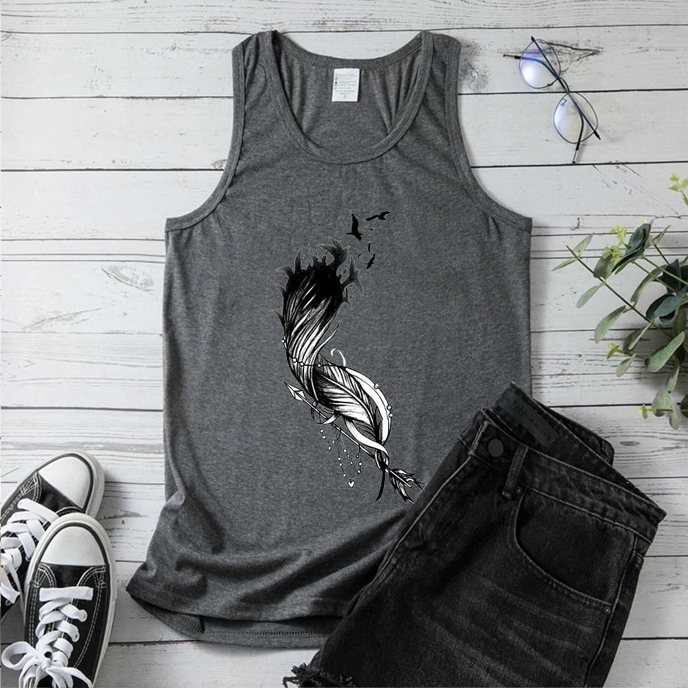 Seeyoushy Feather Print Summer New Women's Tank Top Y2K Aesthetic Streetwear Trend Casual Womens Top Casual Vacation Sports Vest