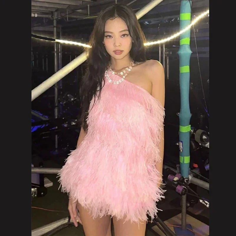 

Women Group Kpop Dancer Outfit Pink Diagonal Shoulder Tassels Dress Jazz Dance Clothes Stage Show Gogo Dancer Costume DWY9452