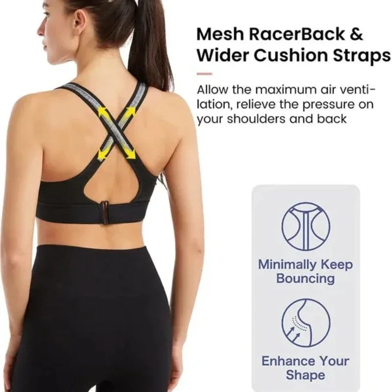 Sujetador deportivo de apoyo inalámbrico para mujer, sujetadores de ejercicio que rebotan para Yoga, diseño de cremallera frontal, soporte trasero, Bralette de realce