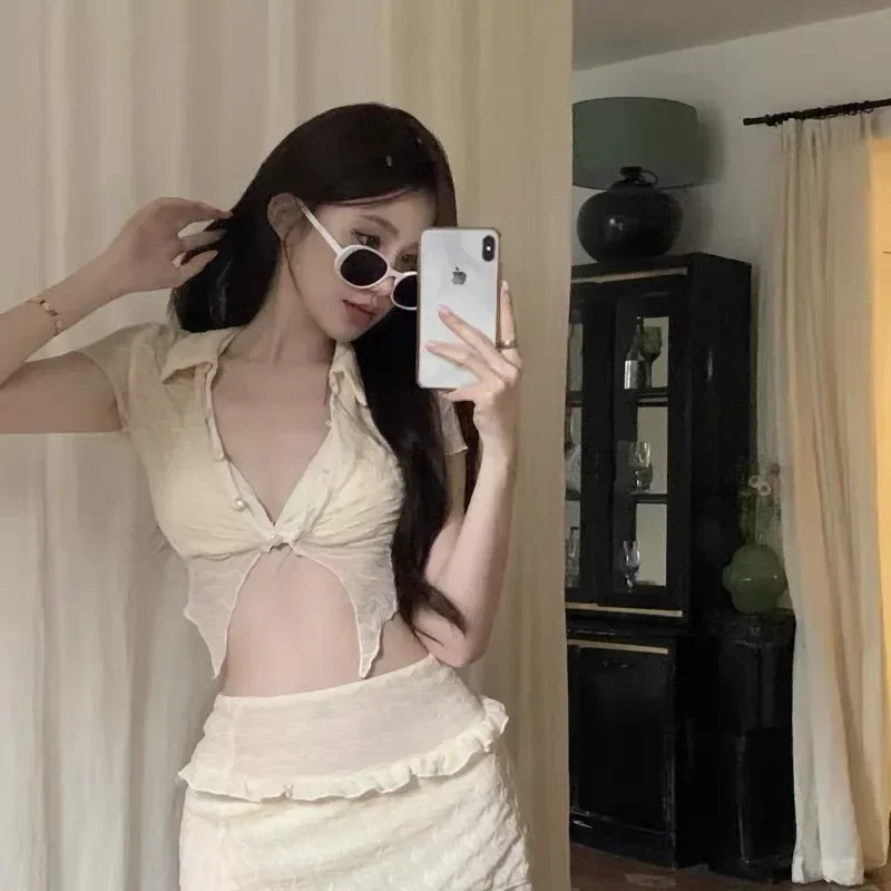 

Women Two-Piece Swimwear Swimsuit White Korean Style 2 Piece Beach Wear Swimsuit Set With Skirt And Cardigan