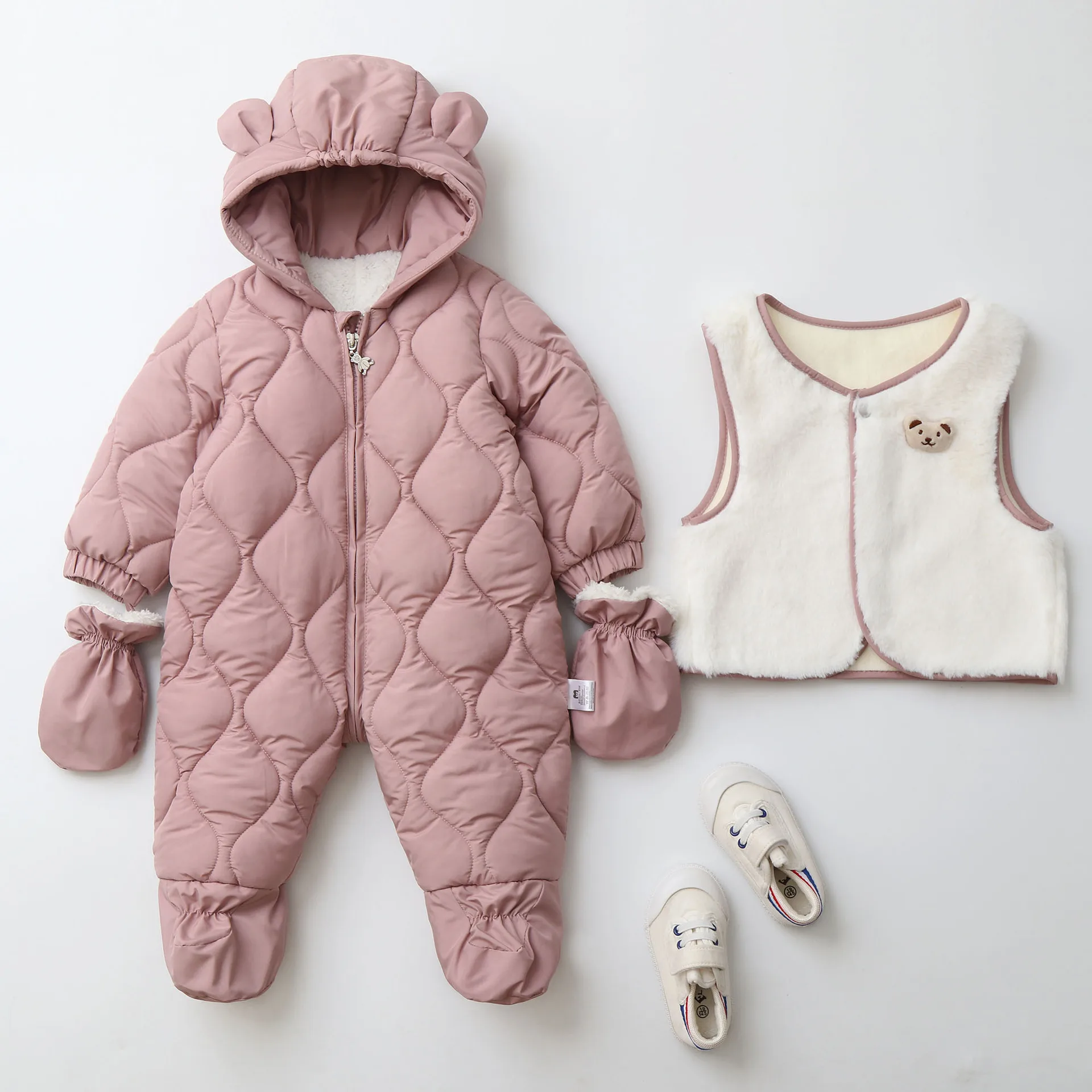Winter 0-2Y Baby Clothes Thicken Fleece Boys Rompers Toddler Boys Jumpsuits Warm Fur Lining Footies And Vest 2 Pcs Snowsuit